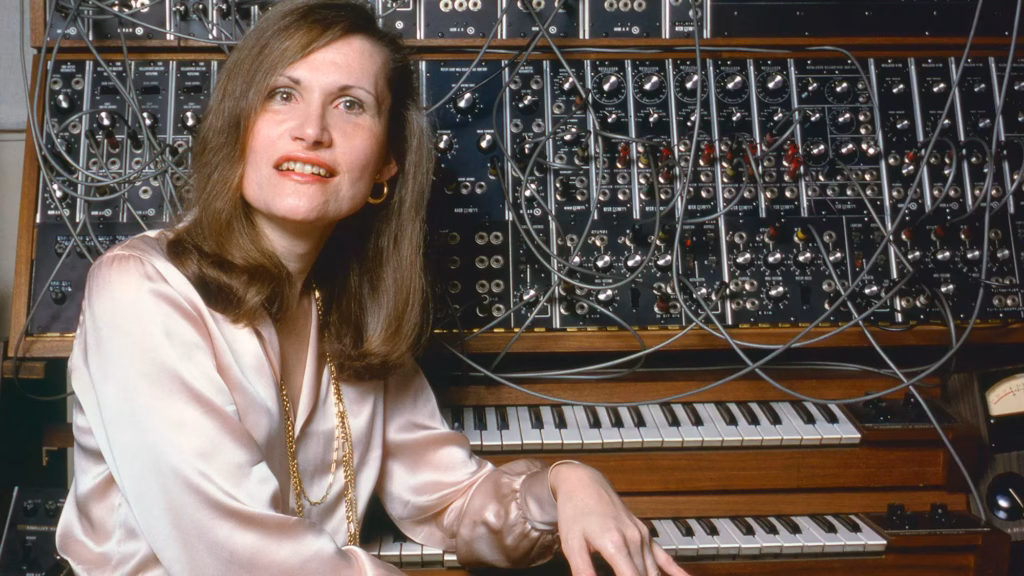 Wendy Carlos sits in front of a keyboard and modular synths at work in her New York City recording studio, October 1979.