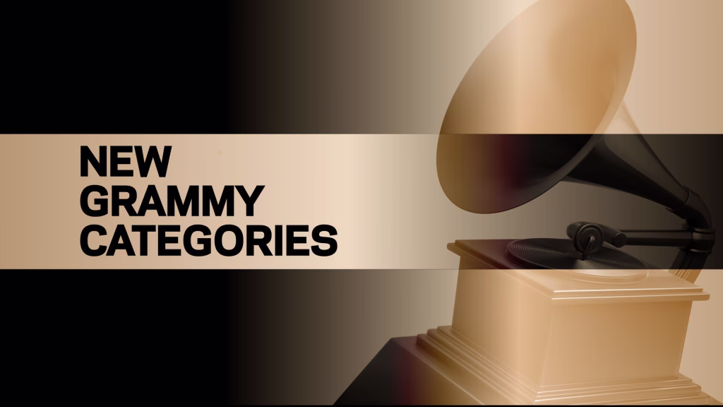 A graphic promoting the new Grammy Categories announced for the 2027 Grammys. The graphic features a Grammy Award trophy aligned on the right atop a black and gold background. The words 