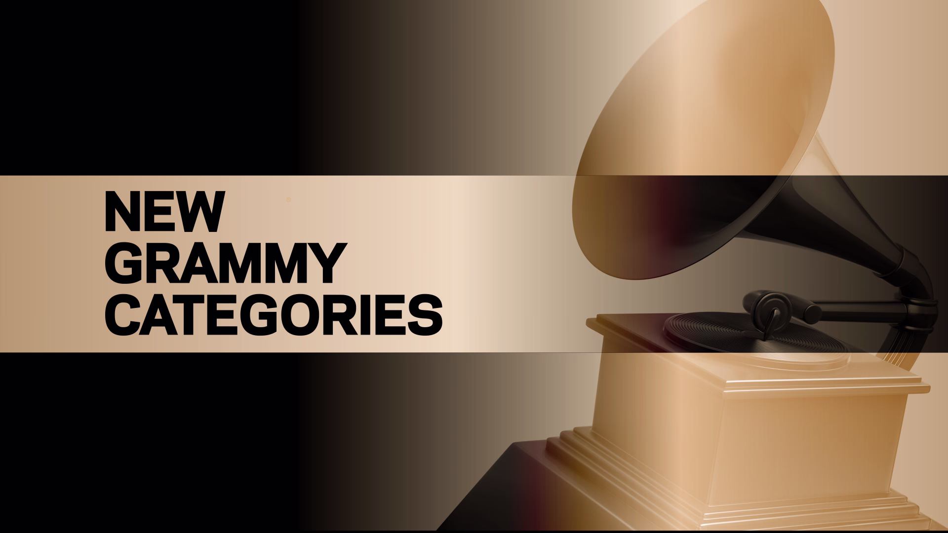 A graphic promoting the new Grammy Categories announced for the 2027 Grammys. The graphic features a Grammy Award trophy aligned on the right atop a black and gold background. The words 