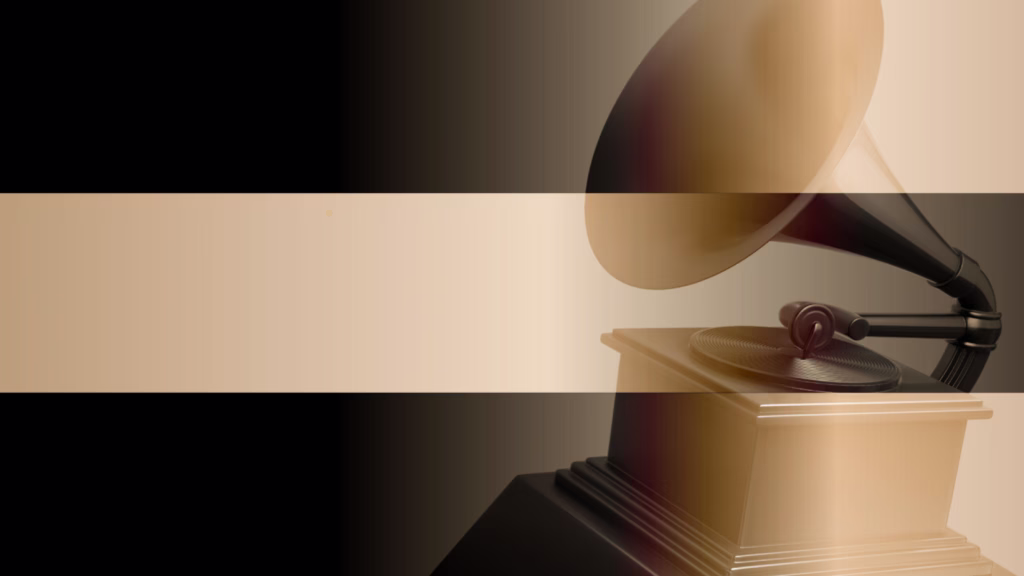 A graphic promoting the new Grammy Categories announced for the 2027 Grammys. The graphic features a Grammy Award trophy aligned on the right and atop a black and gold background.