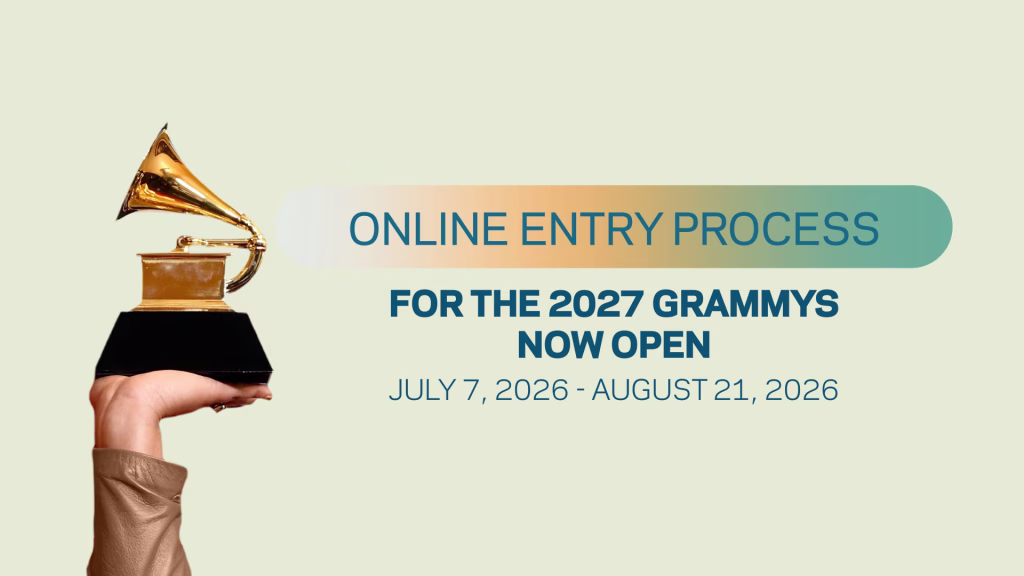 A graphic promoting the Online Entry Process (OEP) for the 2027 Grammys. The graphic features a hand on the left holding a Grammy Award statue facing left and the words 